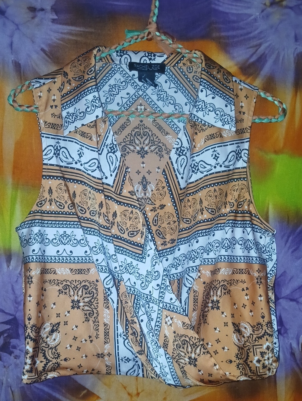 Rachel Zoe Orange & White Bandana-Print Sleeveless Cropped Faux Wrap Blouse